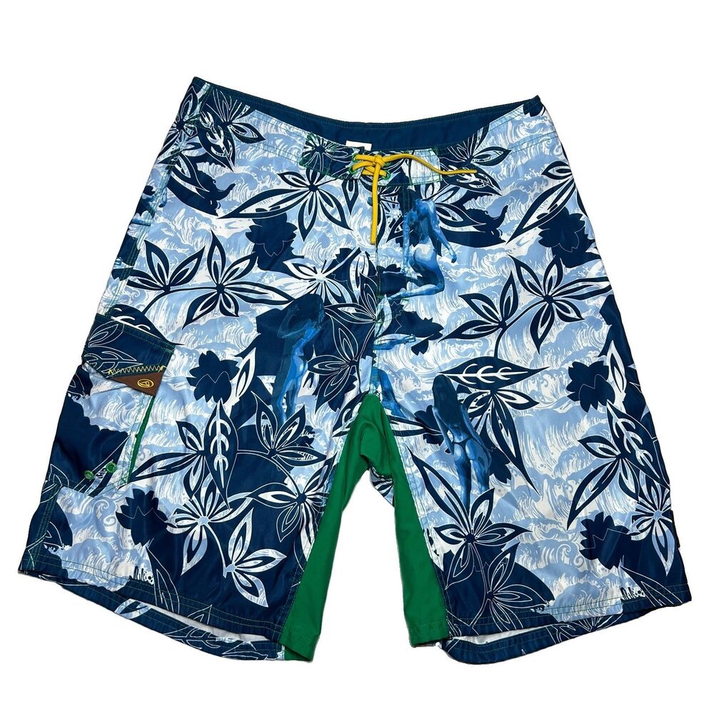 Reef Mens Vtg Y2K Board Shorts 36  Blue  Bikini Tropical Floral Swim Trunks Surf